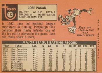 1969 Topps #192 Jose Pagan Back