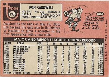 1969 Topps #193 Don Cardwell Back