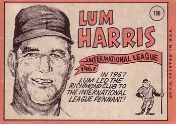 1969 Topps #196 Lum Harris Back