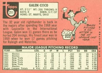 1969 Topps #211 Galen Cisco Back