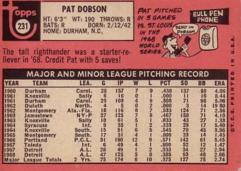 1969 Topps #231 Pat Dobson Back