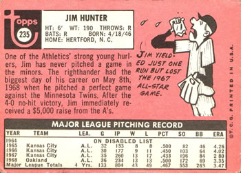 1969 Topps #235 Jim Hunter Back