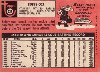 1969 Topps #237 Bobby Cox Back