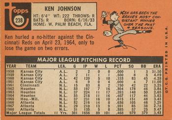 1969 Topps #238 Ken Johnson Back