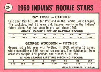 1969 Topps #244 Indians 1969 Rookie Stars (Ray Fosse / George Woodson) Back