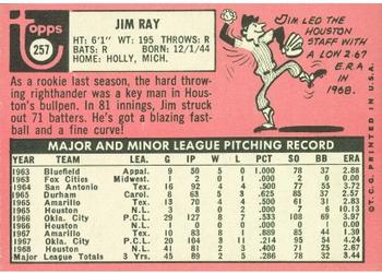 1969 Topps #257 Jim Ray Back