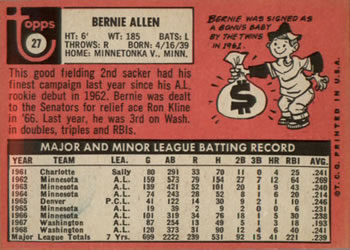 1969 Topps #27 Bernie Allen Back