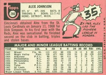 1969 Topps #280 Alex Johnson Back