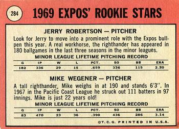 1969 Topps #284 Expos 1969 Rookie Stars (Jerry Robertson / Mike Wegener) Back