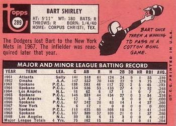 1969 Topps #289 Bart Shirley Back
