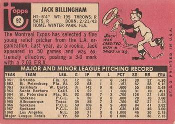 1969 Topps #92 Jack Billingham Back