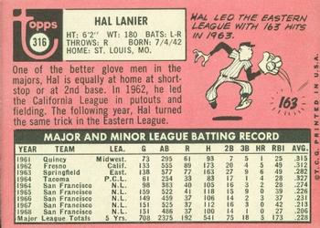 1969 Topps #316 Hal Lanier Back
