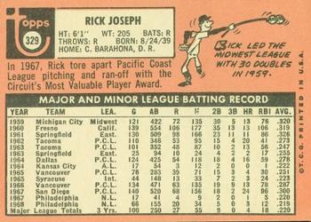 1969 Topps #329 Rick Joseph Back