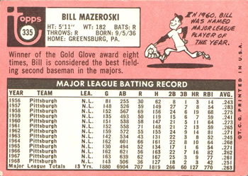 1969 Topps #335 Bill Mazeroski Back