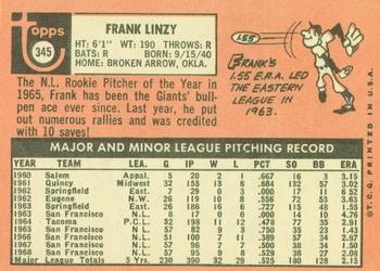 1969 Topps #345 Frank Linzy Back