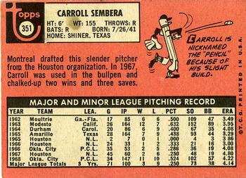 1969 Topps #351 Carroll Sembera Back
