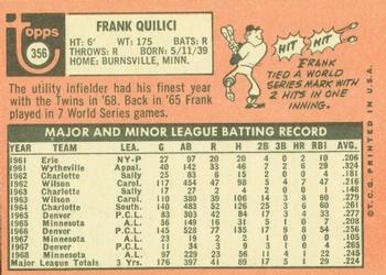 1969 Topps #356 Frank Quilici Back