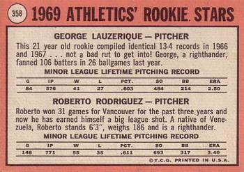 1969 Topps #358 Athletics 1969 Rookie Stars (George Lauzerique / Roberto Rodriguez) Back