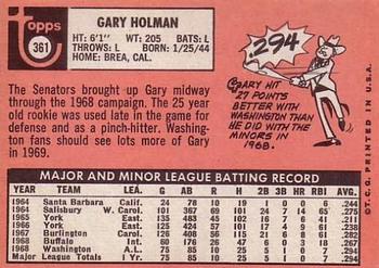 1969 Topps #361 Gary Holman Back