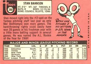 1969 Topps #380 Stan Bahnsen Back