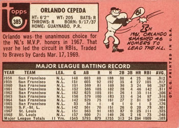 1969 Topps #385 Orlando Cepeda Back