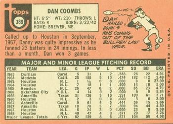 1969 Topps #389 Dan Coombs Back