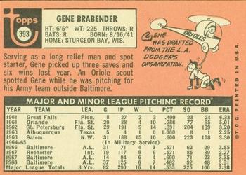 1969 Topps #393 Gene Brabender Back