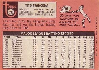 1969 Topps #398 Tito Francona Back