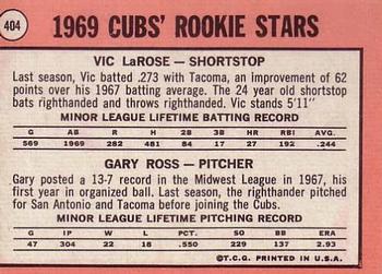 1969 Topps #404 Cubs 1969 Rookie Stars (Vic LaRose / Gary Ross) Back