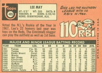 1969 Topps #405 Lee May Back