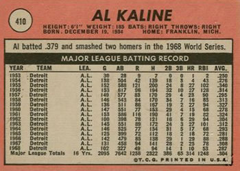 1969 Topps #410 Al Kaline Back