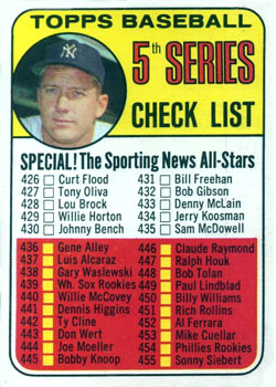 1969 Topps #412 5th Series Check List: 426-512 (Mickey Mantle) Front