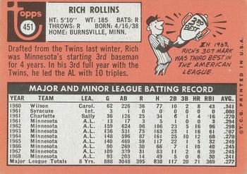 1969 Topps #451 Rich Rollins Back