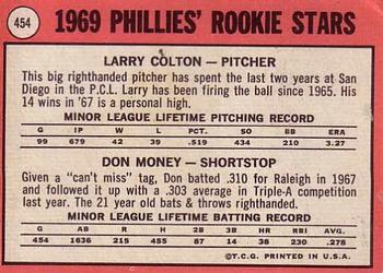 1969 Topps #454 Phillies 1969 Rookie Stars (Larry Colton / Don Money) Back