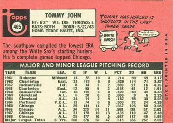 1969 Topps #465 Tommy John Back