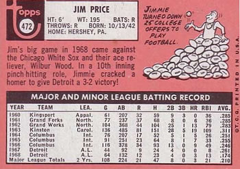 1969 Topps #472 Jim Price Back