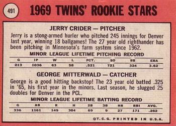 1969 Topps #491 Twins 1969 Rookie Stars (Jerry Crider / Geo. Mitterwald) Back
