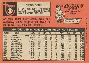 1969 Topps #511 Diego Segui Back