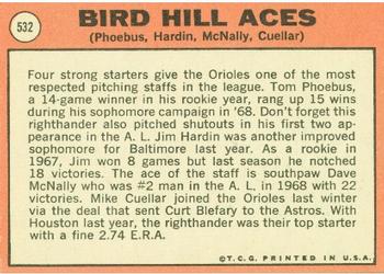 1969 Topps #532 Bird Hill Aces (Tom Phoebus / Jim Hardin / Dave McNally / Mike Cuellar) Back