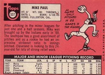 1969 Topps #537 Mike Paul Back