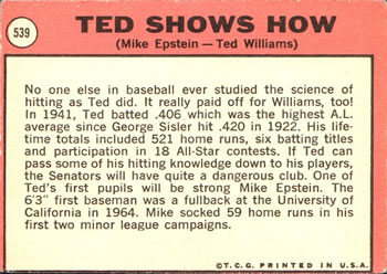 1969 Topps #539 Ted Shows How (Mike Epstein / Ted Williams) Back