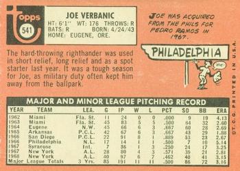 1969 Topps #541 Joe Verbanic Back