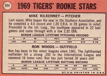 1969 Topps #544 Tigers 1969 Rookie Stars (Mike Kilkenny / Ron Woods) Back