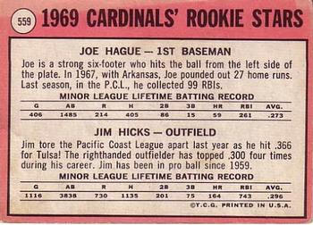 1969 Topps #559 Cardinals 1969 Rookie Stars (Joe Hague / Jim Hicks) Back