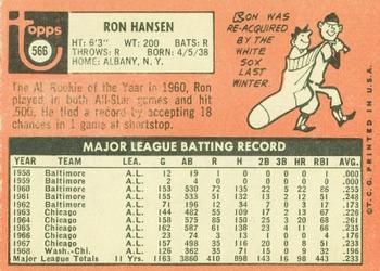 1969 Topps #566 Ron Hansen Back