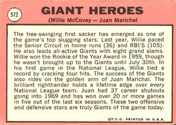 1969 Topps #572 Giants Heroes (Willie McCovey / Juan Marichal) Back