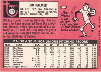 1969 Topps #573 Jim Palmer Back