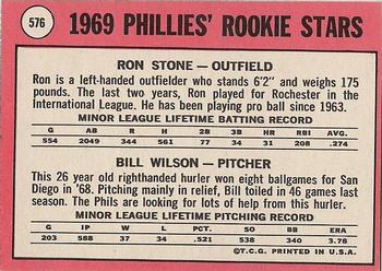 1969 Topps #576 Phillies 1969 Rookie Stars (Ron Stone / Bill Wilson) Back