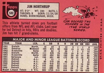 1969 Topps #580 Jim Northrup Back