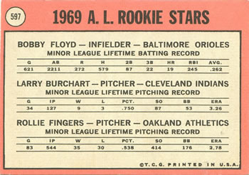 1969 Topps #597 American League 1969 Rookie Stars (Bob Floyd / Larry Burchart / Rollie Fingers) Back